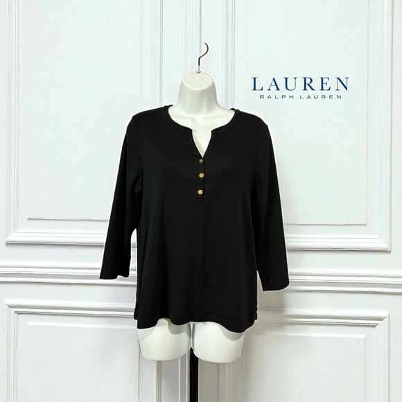Lauren Ralph Lauren, Black Henley Top With Gold Buttons, Size XL - Picture 1 of 9